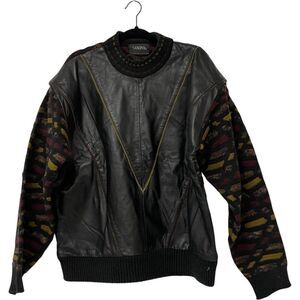 Vintage Saxony Sweater Mens Large L Multicolor Geometric Leather Knit 90s Coogi